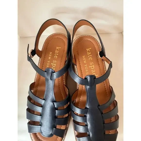 Kate Spade Retro Mabel Navy Leather Platform Wedge Peep Toe Sandals 8.5 - Picture 9 of 11